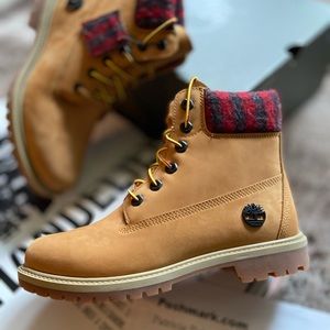 Timberland Brown Ankle Boots with Red Plaid Detail